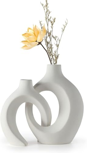 Anquephd Juego de 2 jarrones de cerámica hueca blancos, jarrones modernos redondos únicos para decoración de estilo minimalista nórdico, jarrón estético Boho de Donut para mesa de café y cocina