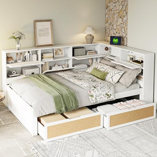 Kinderbett 140x200 mit 2 Schubladen und Stauschrank, Daybett Doppelbett Bett Tagesbett Holzbett Stauraumbett mit USB-Ladefunktion für Kinder, Jugendbett Bettgestell Funktionsbett, ohne Matratze, Weiß