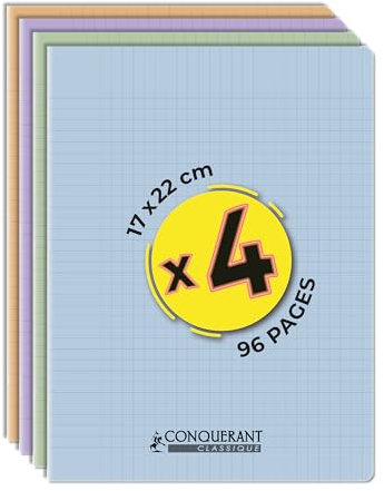 Conquérant, Lot de 4 Cahiers Classique Pastel 17x22 96 Pages Grands Carreaux Seyès Agrafées, Couverture Polypro, Pastel Vert, Lilas, Abricot, Bleu