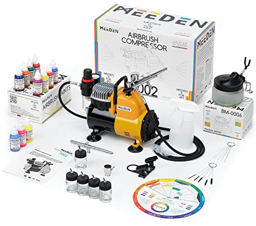 MEEDEN Kit Aerografo Professionale con Compressore 1/5HP - 24 Colori Inclusi, 3 Pistole a Doppia Azione (0.25/0.35/0.5mm), Autospegnimento e Set Pulizia per Artisti - Solo 47dB