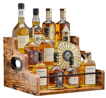 DaMohony Estante de exhibición de madera para botellas de licor, estante retro para licor de encimera de 3 pasos, organizador de jarabe de café para bar en casa