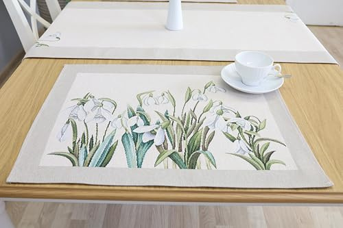 Bordstabletter tvättbara set om 4, 40 x 50 cm, bordsunderlägg tyg 100 % jacquard gobeläng, underlägg hög kvalitet återanvändbara för bröllop, födelsedag, kök, café – snödroppar