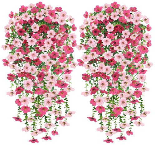 Yueshop 4Pcs Artificial Hanging Flowers,UV-Resistant Fake Hanging Plants Flower Bouquet Indoor Outdoor Fake Flowers Plant for Wall Home Garden Yard Patio Wedding Decoration Rose Red