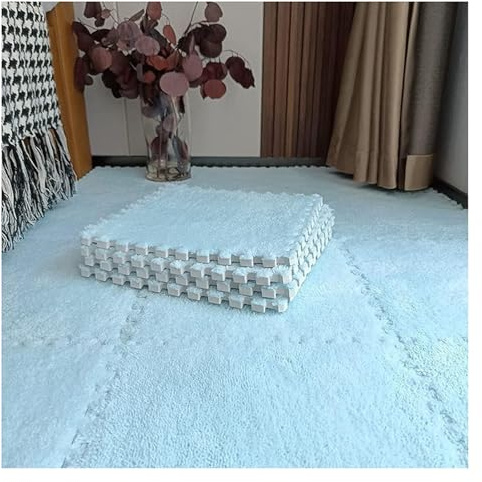 Tapis De Sol en Mousse De Puzzle en Peluche, Puzzle en Peluche à emboîter avec Bordures, Tapis en Mousse carré de 30 x 30 cm(Lightblue)