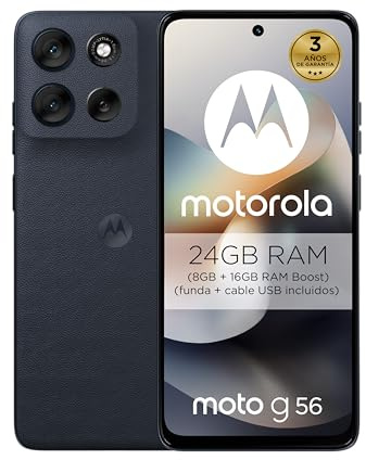 Moto g56 5G 24GB (8GB+16GB RAM Boost)/256GB Negro, Durabilidad Militar, IP68/69, Corning® Gorilla® Glass 7i, Pantalla 6.72 Full HD+, Cámara 50 MP con Moto ai,Batería 5200 mAh,Carga TurboPower™ 30W
