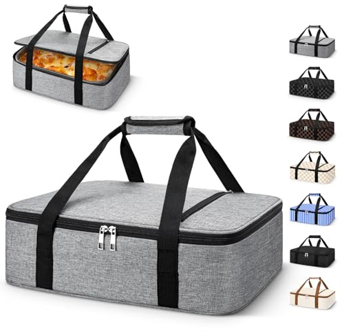Coobiiya Insulated Casserole Carrier,Lasagna Lugger Tote Keeps Food Hot or Cold,Thermal Lunch Bag Warmer & Cooler Carrier Bag,Portable Tote Bag Fits 9 x 13 Baking Dish for Picnic and Cookouts- Grey