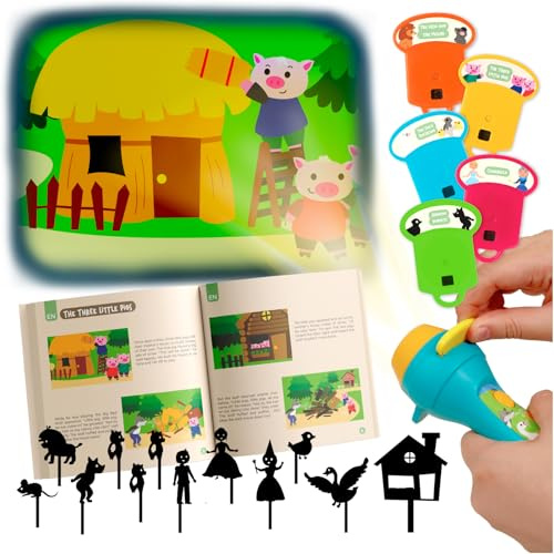 Nene Toys Livre de Contes avec Projecteur Lampe Torche & Marionnettes d’Ombres pour Enfants dès 3 Ans – 4 Histoires Classiques en 5 Langues, Coffret d’Histoires du Soir