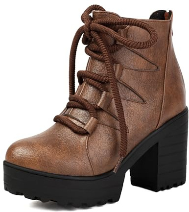 Genérico Mujer Cordones Botas De Combate con Cremallera Trasera Punta Redonda Cuero PU Botines Cortos Tacón Grueso Alto Bota De Plataforma,Marrón,35 EU