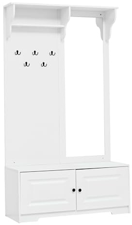 phosir Ensemble vestiaire avec miroir et banc, 100 x 40 x 180 cm – Porte-manteau de couloir étroit avec armoire à chaussures, 5 crochets, 2 armoires et étagère, garde-robe compacte pour entrée Blanc