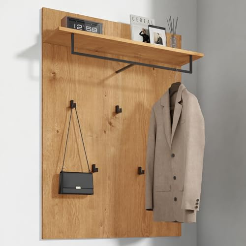 Mai & Mai Garderobenpaneel Wandgarderobe mit Ablage und 5 Haken Wandpaneel Hakenpaneel Garderobenhaken Garderobenboard Kerneiche 78x108cm Gabo-01