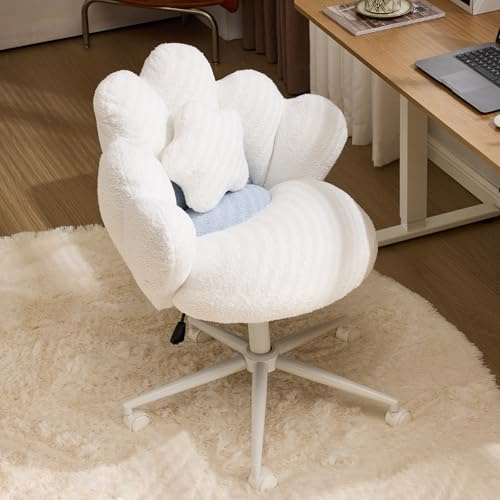 Bonnlo Fauteuil Pivotant, Chaise Coiffeuse, Fauteuil Relax, Chaise de Bureau Ergonomique, Fauteuil avec Dossier en Forme de Fleur, pour Salon, Bureau, Chambre, en Peluche Teddy, Blanc&Bleu