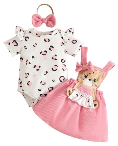LUVCES Set di Gonne Estive per Neonata Volant Manica Corta Top +Stampa Floreale/Orso Bretelle Abito+ Fascia per Capelli 3Pcs Vestiti Completino