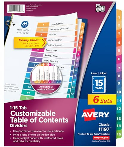 Avery 15 Tab Dividers for 3 Ring Binders, Customizable Table of Contents, Multicolor Tabs, 6 Sets (11197)
