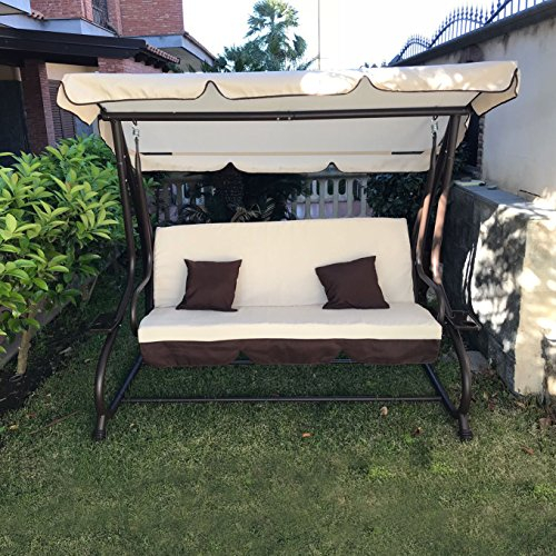 FP-TECH DONDOLO DA GIARDINO 3 POSTI CON TETTO PARASOLE DIVANO LETTO ALTALENA INCLINABILE, TESSUTO, METALLO