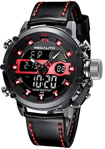 MEGALITH Herrenuhr Militär Digitaluhr Sportlich LED Groß Zifferblatt Uhren fur Männer Digital Analog Leder Armbanduhr Herren Wasserdicht Stoppuhr Wecker Kalender - Schwarz Rot