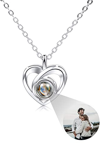 INBLUE Personalized Projection Picture Pendant 925 Sterling Silver Necklace Heart-Shaped Pendant Birthday Anniversary Jewelry Gifts for Her/Women/Mom/Girlfriend (Colored Picture)