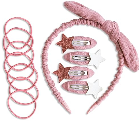 Papierdrachen Besonderes Haar Accessoires Set mit Haarreif, Glitzer-Haarspangen, Haargummis kombiniert mit hochwertigem Musselin Stoff - Altrosa - für Mädchen und Damen