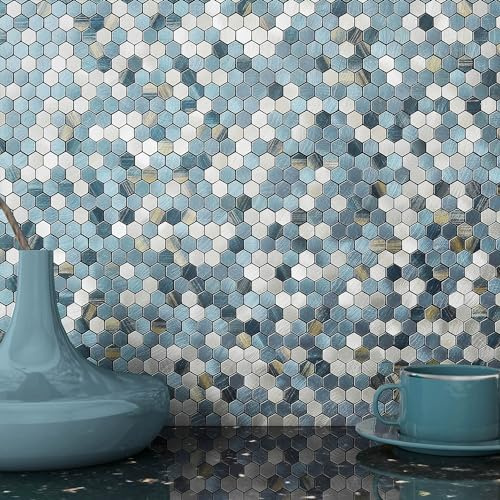 BeNice Penny Hexagon Peel and Stick Backsplash Tiles Blue Stripe 10pcs
