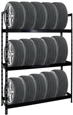 PROREGAL Reifenregal Tiger XL | HxBxT 200x150x45 cm | 300kg Fachlast | bis zu 18 Reifen (205/55 R16) | Schwarz | Werkstattregal, Lagerregal, Kellerregal