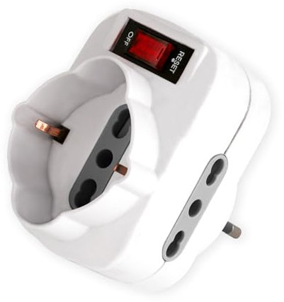 Adattatore rotante: 1 spina 10A vs 2 prese 10/16A + 1 presa schuko. Con interruttore di protezione contro sovvracarichi
