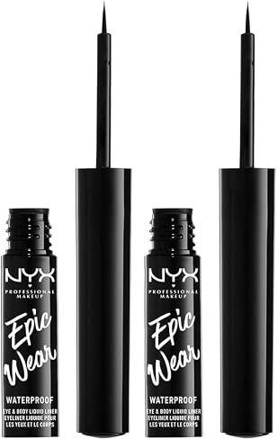 NYX Professional Makeup Eyeliner Líquido Epic Wear Semi-Permanente, Larga Duración, A Prueba de Agua, Delineador de Ojos, Rostro y Cuerpo, Acabado Mate, Color: Negro (Paquete de 2)