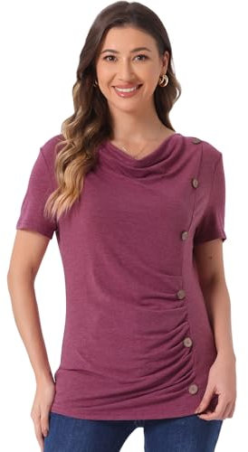 Allegra K Chemisier à Col Bénitier Femmes à Manches Courtes T-Shirt Basique Décontracté Couleur Unie avec Boutons Décoratifs Haut Froncé Bourgogne L