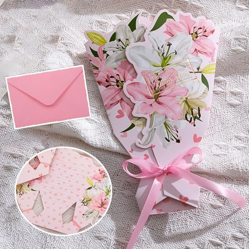 Flower Greeting Bouquet Lily Popup Greeting Cards, Pink Floral Pop up Card with Envelope, Sister Wedding Gift Birthday Card for Women Girls, Thank You, Anniversary, Valentine Day Card