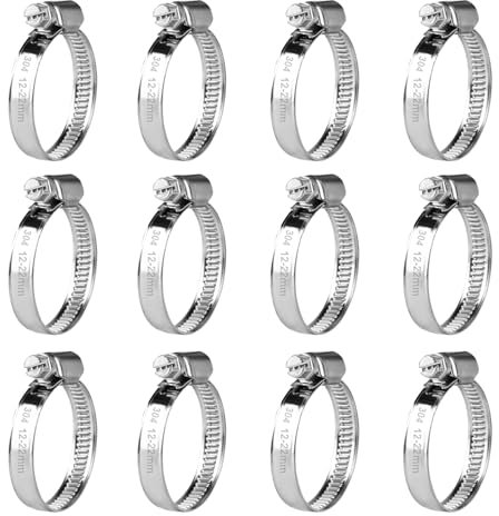 12 Pcs Abrazaderas Metalicas para Tubos, Abrazaderas de Acero Inoxidable Ajustable 12-22 mm, Abrazaderas de Tubo, Abrazaderas de Manguera de Acero Inox para Mangueras Tubería de Agua Piscina