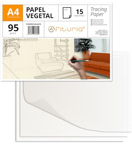 Papel Vegetal A4 de Superficie Satinada, 15 Hojas de 95gr/m2, Resistente para Dibujos Técnicos y Manualidades, Libre de Ácido - Ofituria (15 Hojas)