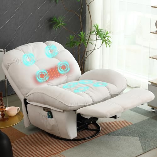 ALEAVIC Sillón de Masaje Reclinable Eléctricas, Vibración Masaje, Calefacción, Conector TYP C & USB, Silla Giratoria con Función de Cronometraje, 1 portavasosy Bolsillos Laterales (Blanco)