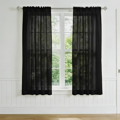 NAKIHOUSE Voile Curtain, 2 Panels Net Curtains for Windows 45 Drop, Elegant Slot Top Sheer Curtains, Light Filtering Black Voile Curtains for Living Room, Breathable & Graceful Window Drapes