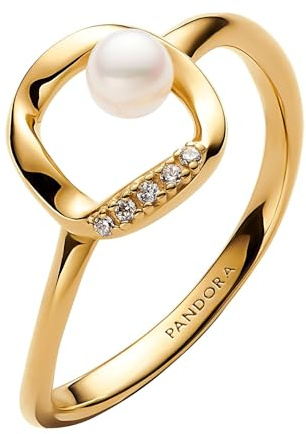 PANDORA Anillo para mujer con perla pequeña dorada 163831C01, 52/16,6, Plata de ley, Perla