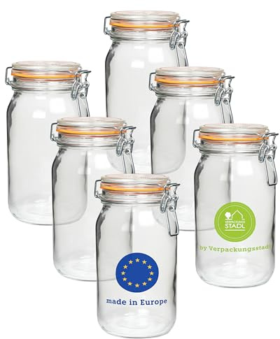 Lot de 6 bocaux de conservation de 1500 ml avec couvercle – En verre à étrier métallique de qualité supérieure avec anneau en caoutchouc, hermétiques, idéaux pour la conservation, la fermentation, les