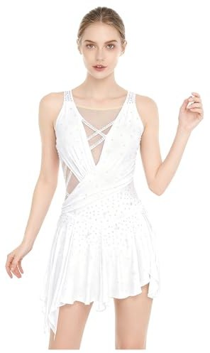 Runhomal Damen Ärmellos Kürkleid Glitzer Eiskunstlauf Kleider Mesh Spleiß Gymnastikanzug Turnanzug Mit Tutu Röckchen Tanzkostüm Ballettanzug Mit Wettkämpfe Bekleidung Weiß XXL