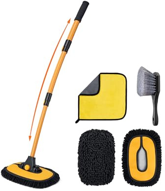 AstroAI 15°Curved Car Wash Brush with 43 Long Handle and 90° Rotating Replaceable Brush Head, Car Wash Kit with Microfiber Towel and Tire Brush for Car, SUV, RV, Floor Cleaning, Yellow