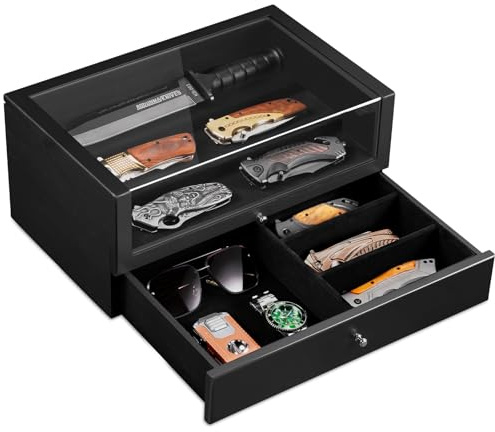 Emfogoo Knife Display Case, 2-Tier 3-Row Dagger Case, Wooden Pocket Knife Collection Case Holder for Collections Gift-Giving (Black)