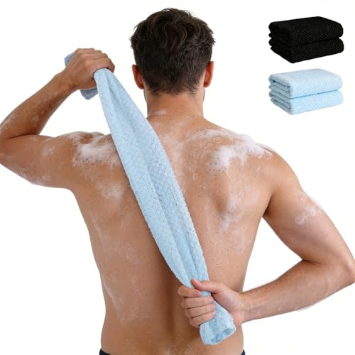 CHMMY Duschhandduk peeling 2 stycken, ryggborste, peelinghandske, luffasvamp, duschsvamp, exfolierad kropp skrubba loofah badtillbehör för män kvinnor (blå + svart)