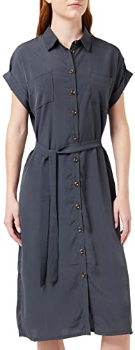 ONLY Damen Blusenkleid mit Bindegürtel | Lockeres Midi Kurzarm Tunika Dress | Knopfleiste ONLHANNOVER, Farben:Dunkelgrau, Größe:42