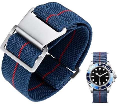 BINLUN Bracelet de Montre Élastique Nylon Style Marine Nationale Parachute Bracelet Montre en Tissu Remplacement avec Crochet Boucle Argenté Homme Femme（Bleu-Rouge,20mm）