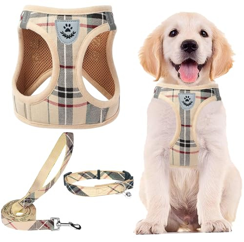 PUPTECK Adjustable Dog Harness Collar and Leash Set Step in No Pull Pet Harness for Small Medium Dogs Puppy and Cats Outdoor Walking Running, Soft Mesh Padded Reflective Vest Harnesses, Beige S