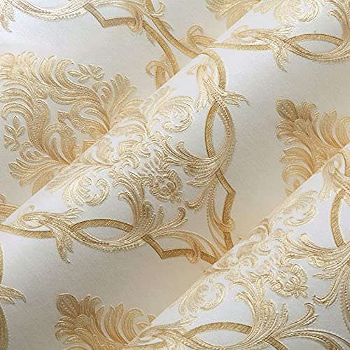 Q QIHANG 3D Embossed Damask Wallpaper, A Beige, 1.73' W x 32.8' L