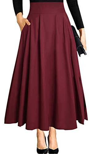 Weinrot Langer Rock Damen Sommer Outfit Lang mit Schlitz a Linien Maxi Midi Festlich Maxirock Taschen Eleganter Hohe Taille Faltenrock Plisseerock Sommerrock Leicht Strandrock Chiffon L
