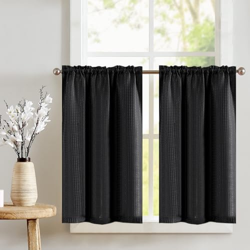 Vangao Köksgardiner fönstergardiner våffelmönster bistrogardin Cáfe gardin enfärgad ogenomskinlig fönstergardin för korta fönster små fönster vardagsrum lantställe B x H 90 x 115 cm, svart, set om 2