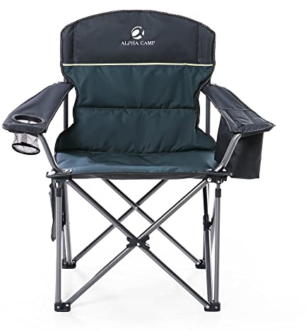 LET'S CAMP Oversized Folding Camping Chair Portable Outdoor Heavy Duty Padded Chairs Lawn Chair with Cup Holder, Storage Pocket and Cooler Bag, Supports 450LBS, for Camp, Travel, Picnic (Green)