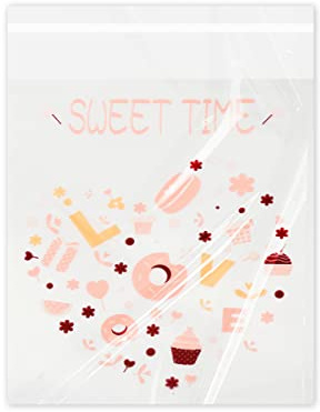 Jagowa 100 Pcs Self Adhesive Cookie Bags, Transparent Plastic Packaging Bags for Food (Love Dessert)