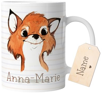 timalo® Tasse Tiere mit Namen personalisiert | Motiv Fuchs Wunschname Geschenk zur Einschulung, Weihnachten, Nikolaus für Kinder | mug-t-13