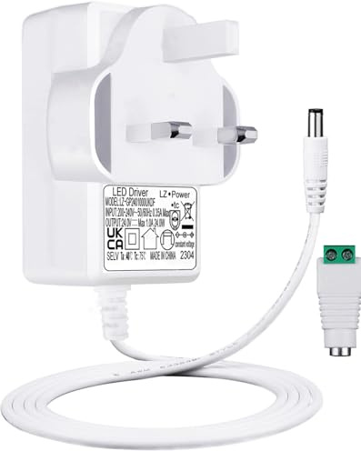 Alinana Constant Voltage 24V 1A Power Supply, AC 230v to 24v DC Transformer, 24W UK Plug Power Adapter with 5ft/1.5m Long Cable, 5.5 x 2.1mm Jack, for Led Strip Light, Humidmifier,UKCA Approved