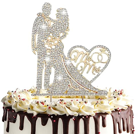 Cake Topper Hochzeit Mit Strass, Mr & Mrs Deko Torte, Personalisierter Tortenstecker für Verlobung Party (Gold)