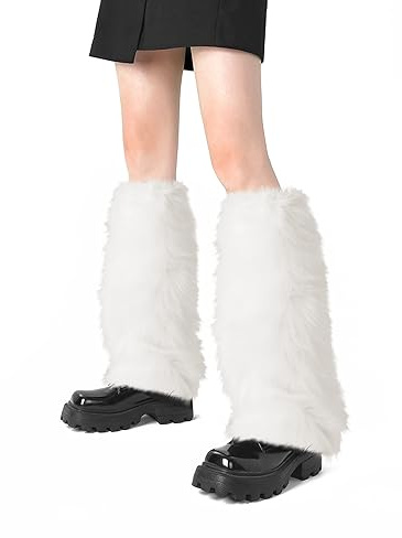 XEPST Jambières en Peluche pour Femme, Jambes en Fourrure d'hiver Manchettes, Couvre-jambes Doux et Sexy en Fourrure, Longues Bottes Manchettes pour Femmes (Blanc)