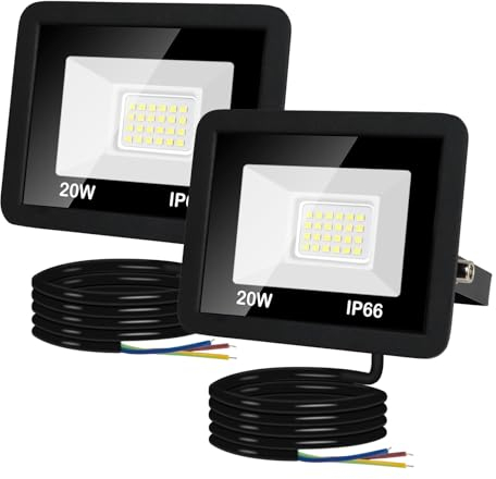 20W LED Floodlight Outdoor, 2000LM Super Bright LED Security Lights IP66 Waterproof, 6000K Daylight White Outdoor LED Flood Lights with 1M Wire for Garden, Garage, Backyard, Pack of 2